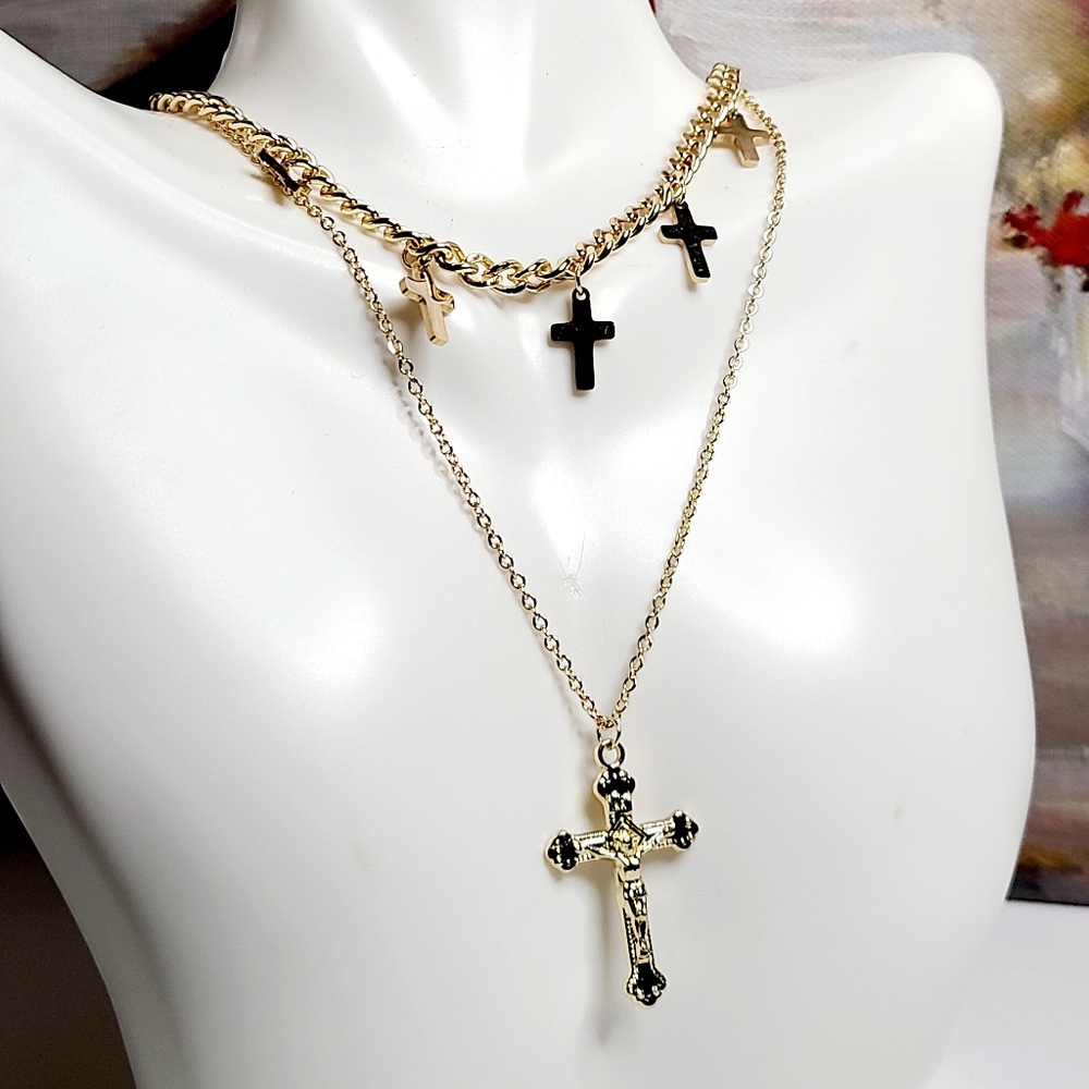 Double Necklace And Earrings Set Combo Gold Plated Stainless Steel